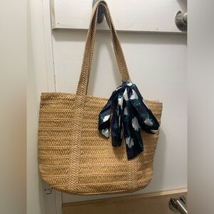Woven Straw Tote Bag with Floral Scarf Accent